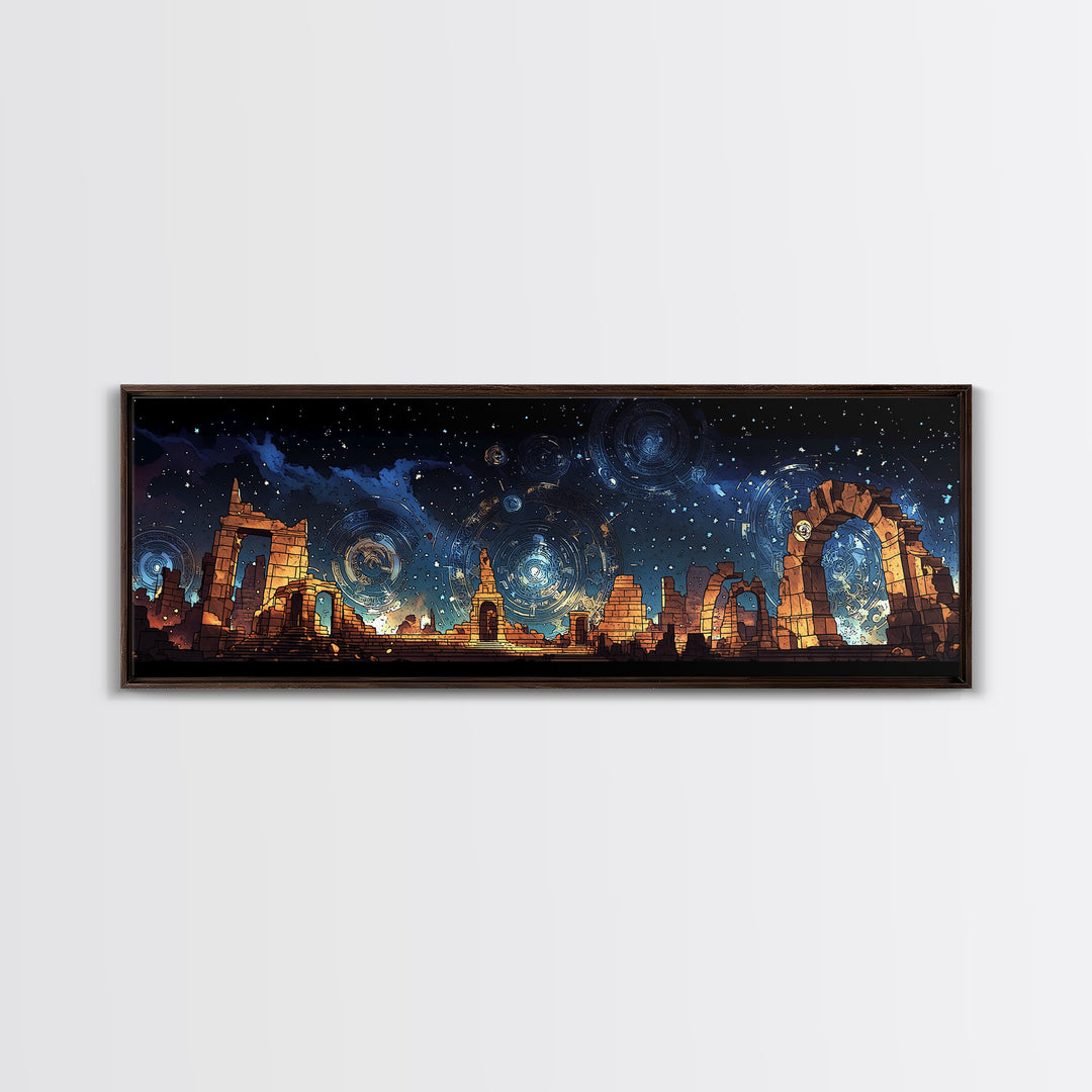 Starry Temple Ruins With Blue Gold Celestial Sky Wall Art, Framed Canvas Print, Mystical Decor, Large Statement Wall Decor
