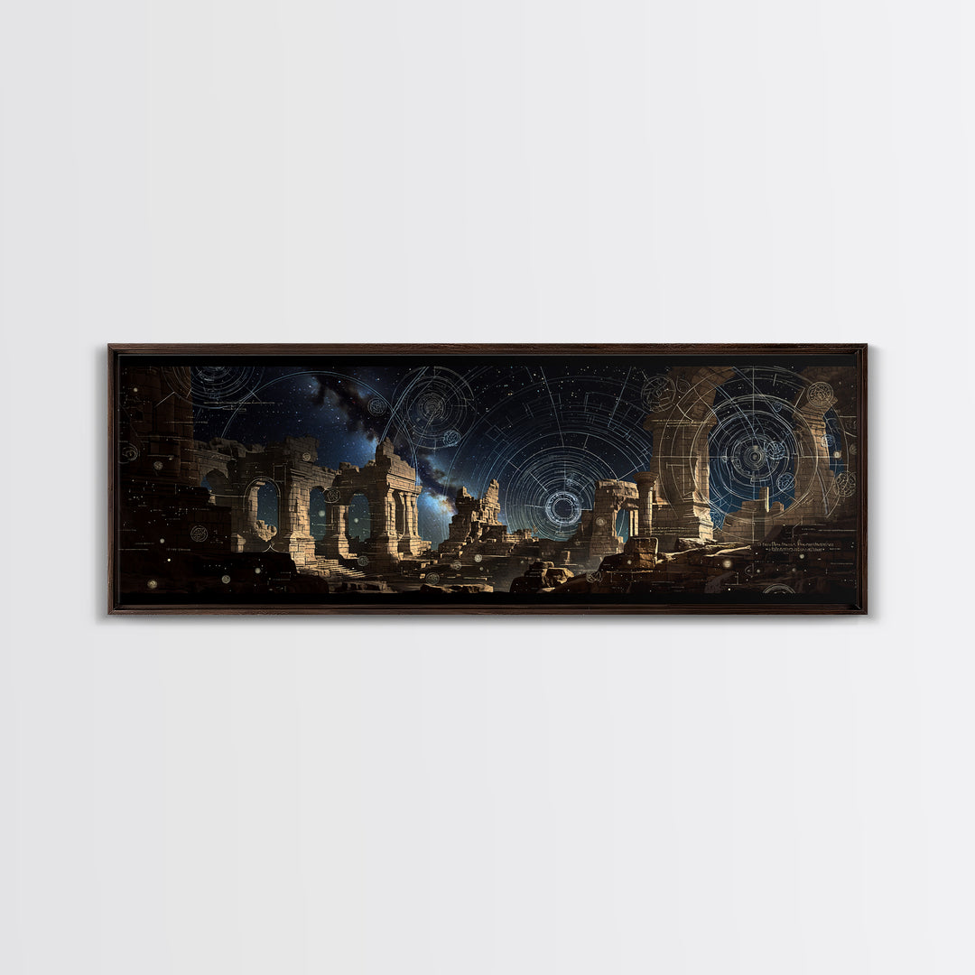 Dark Celestial Ruins With Ancient Arches Wall Art, Framed Canvas Print, Mystical Gothic Decor, Large Statement Wall Decor