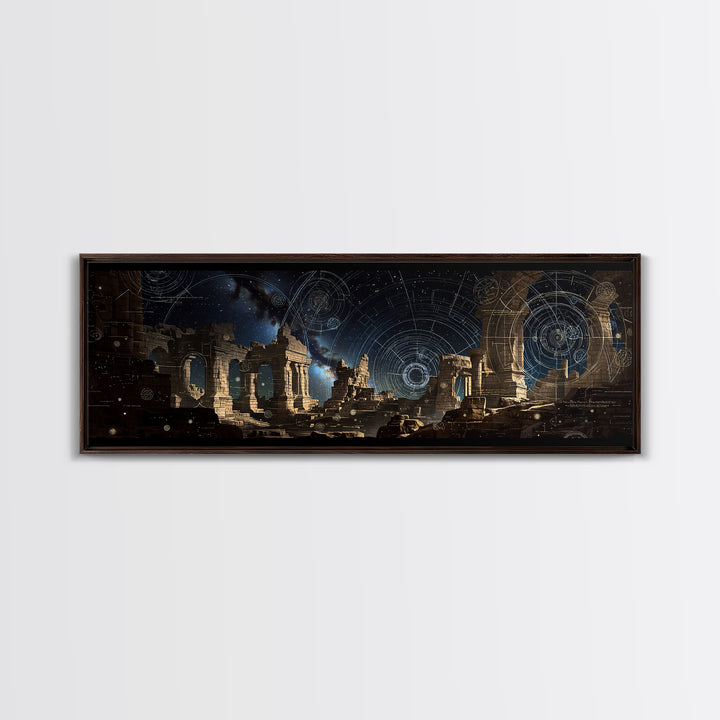 Dark Celestial Ruins With Ancient Arches Wall Art, Framed Canvas Print, Mystical Gothic Decor, Large Statement Wall Decor