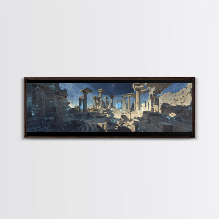 Blue Futuristic Column Ruins With Digital Grid Canvas Print, Modern Wall Art, Sci Fi Office Decor, Large Wall Decor, Unique Home Decor
