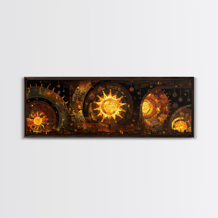 Golden Celestial Clockwork Suns Wall Art, Afrofuturism Decor, African Inspired Abstract, Luxury Canvas For Living Room Decor