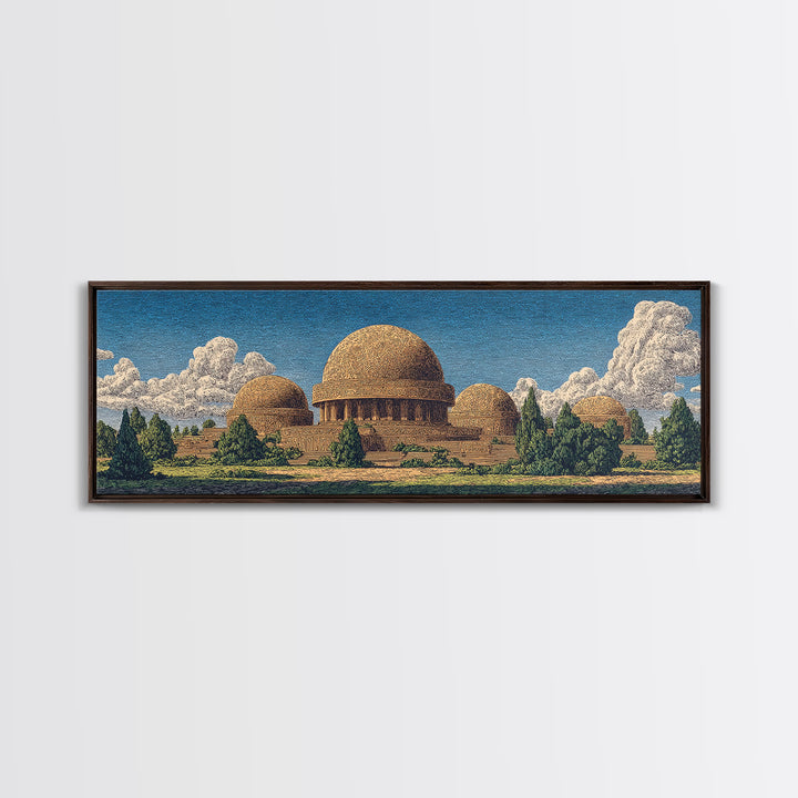 Afrofuturist Domed Village Mountains Wall Art, African Inspired Architecture Canvas Print, Teal Landscape Home Decor Gift