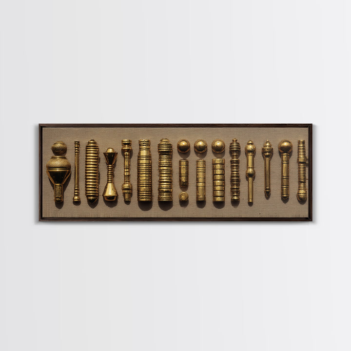 Antique Brass Tribal Objects Wall Art, African Decor, Cultural Art Print, Gold Textile Canvas Print For Eclectic Home Decor