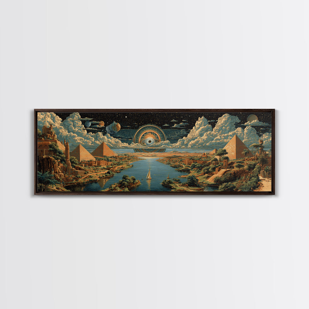 Surreal Egyptian Pyramids And Cosmic Eye Canvas Print African Landscape Art Ancient Egypt Wall Decor Mystical Travel Poster