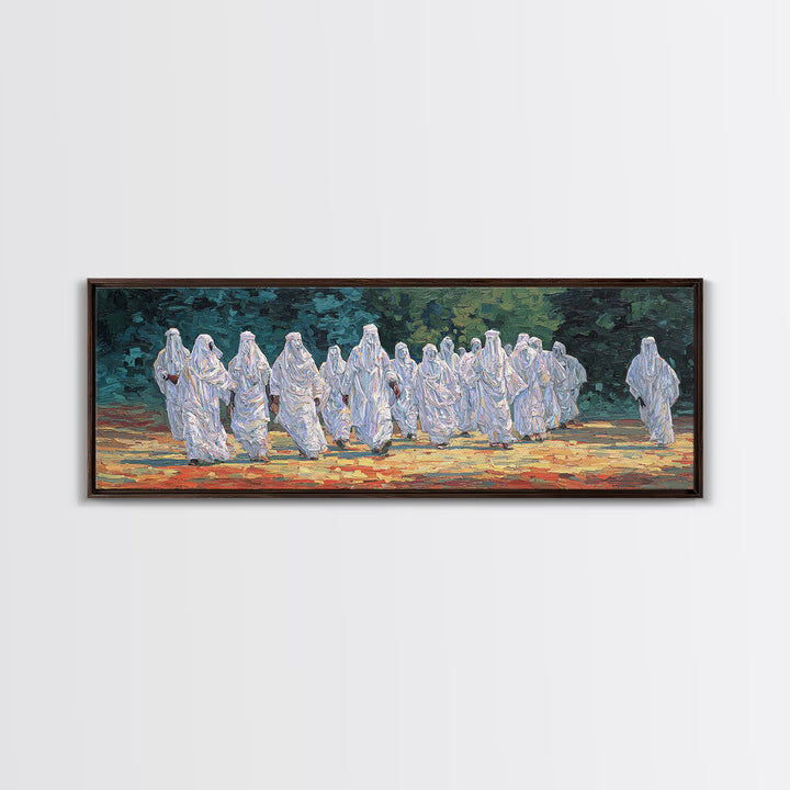 White Robed Desert Procession Wall Art African Painting Spiritual Wall Decor Textured Canvas Art Cultural Landscape Print