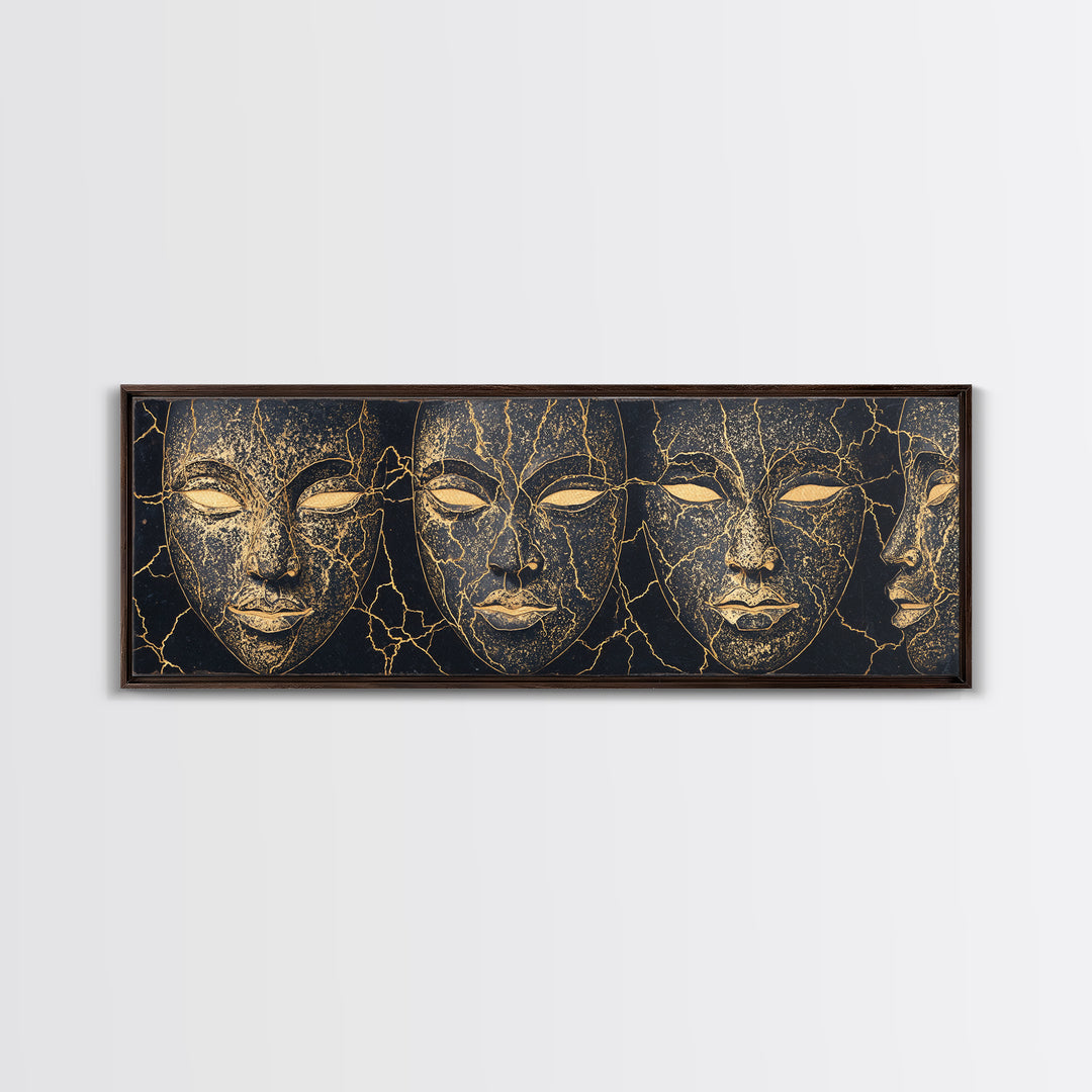 Black And Gold Cracked Mask Faces Framed Canvas Print, African Tribal Art, Elegant Afrocentric Wall Decor, Luxury Home Decor