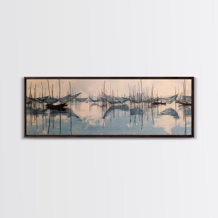 Misty African Fishing Boats On Calm Water Canvas Print, Minimalist Blue Wall Art, Serene Landscape Decor, Peaceful Home Gift