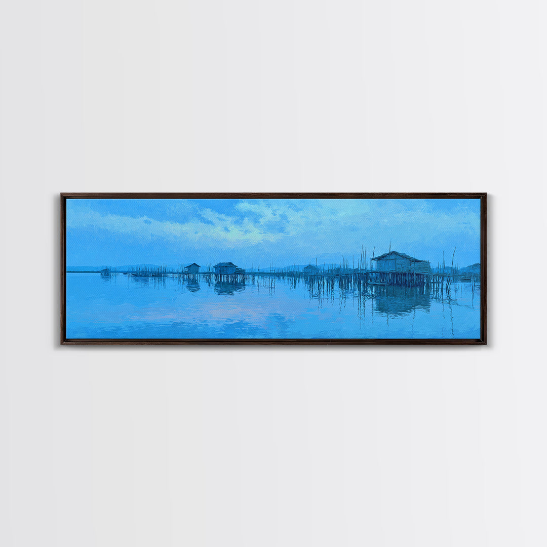 Blue Stilt Village Over Water Framed Canvas Print, Minimalist African Landscape Wall Art, Coastal Home Decor, Serene Gift