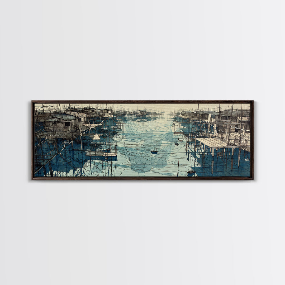 Rustic Stilt Fishing Village Harbor Wall Art, Blue Coastal Landscape Canvas Print, Nautical Decor, Large Living Room Art