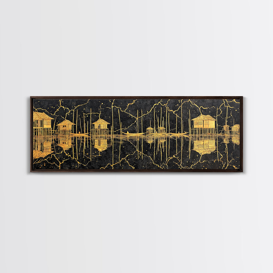 Gold Stilt Hut Reflections On Black Wall Art, Abstract Coastal Canvas Print, Luxury Modern Decor, Statement Living Room Art