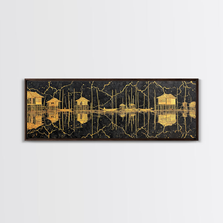 Gold Stilt Hut Reflections On Black Wall Art, Abstract Coastal Canvas Print, Luxury Modern Decor, Statement Living Room Art