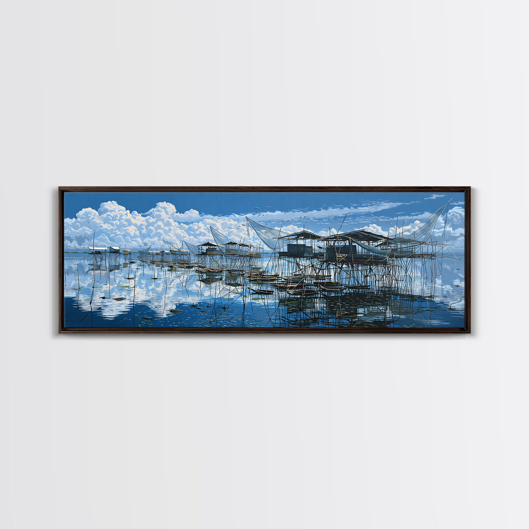 Blue Stilt Fishing Village Panorama Wall Art, Coastal Canvas Print, Bright Seascape Decor, Large Nautical Living Room Art