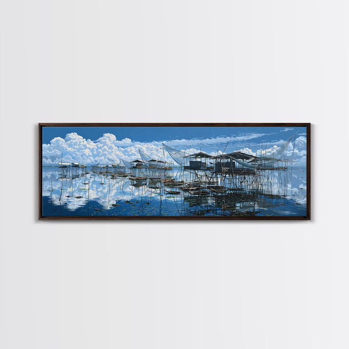 Blue Stilt Fishing Village Panorama Wall Art, Coastal Canvas Print, Bright Seascape Decor, Large Nautical Living Room Art