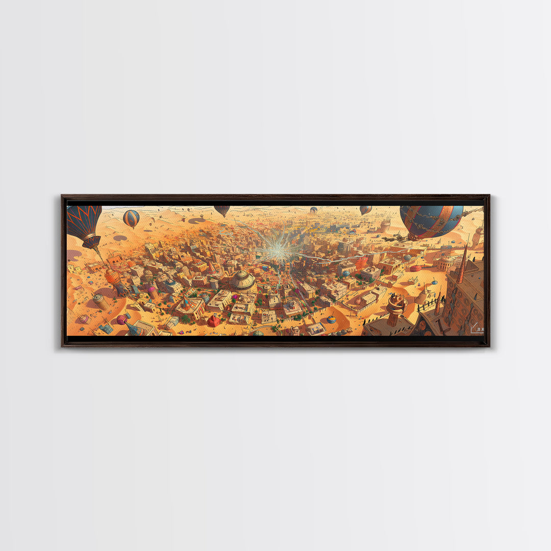 Sunlit Desert Fantasy City With Hot Air Balloons Wall Art, Golden Canvas Print, Vibrant Travel Decor For Living Room Art