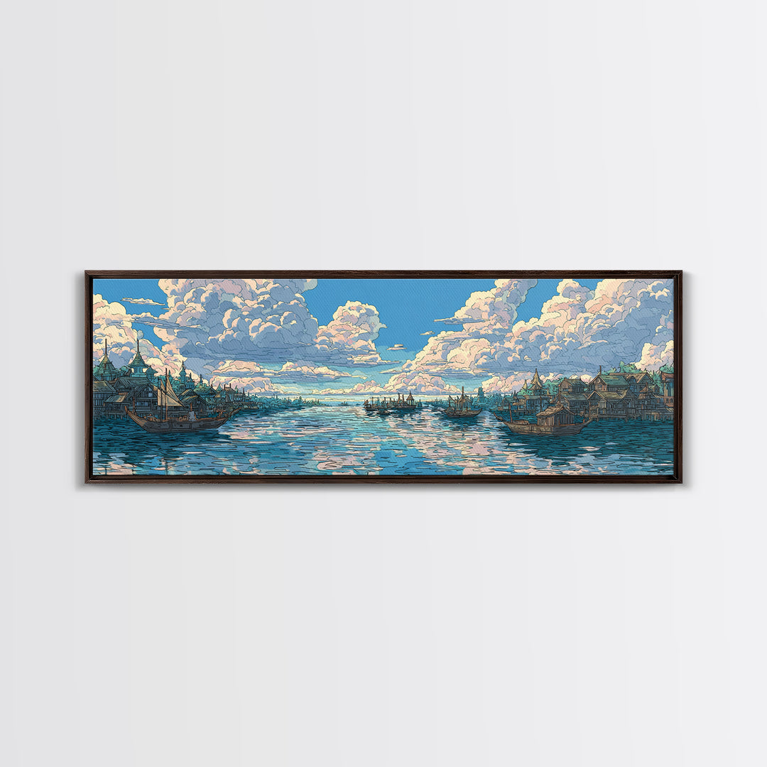 Cloud Filled Harbor Village And Calm Sea Wall Art, Pastel Blue Canvas Print, Coastal Home Decor, Large Living Room Art Print