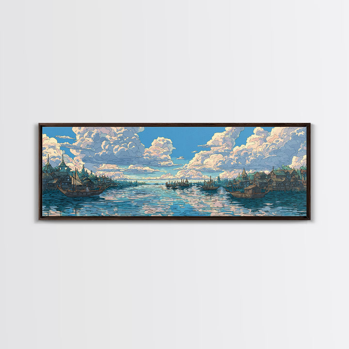 Cloud Filled Harbor Village And Calm Sea Wall Art, Pastel Blue Canvas Print, Coastal Home Decor, Large Living Room Art Print