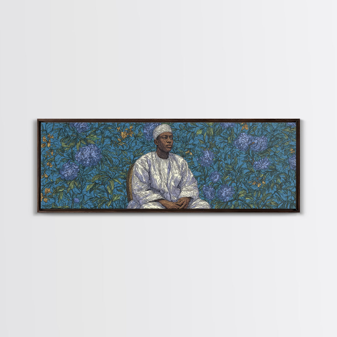 Contemplative African Man Floral Portrait Wall Art, Blue Botanical Pattern, Cultural Framed Canvas Print, Elegant Home Decor