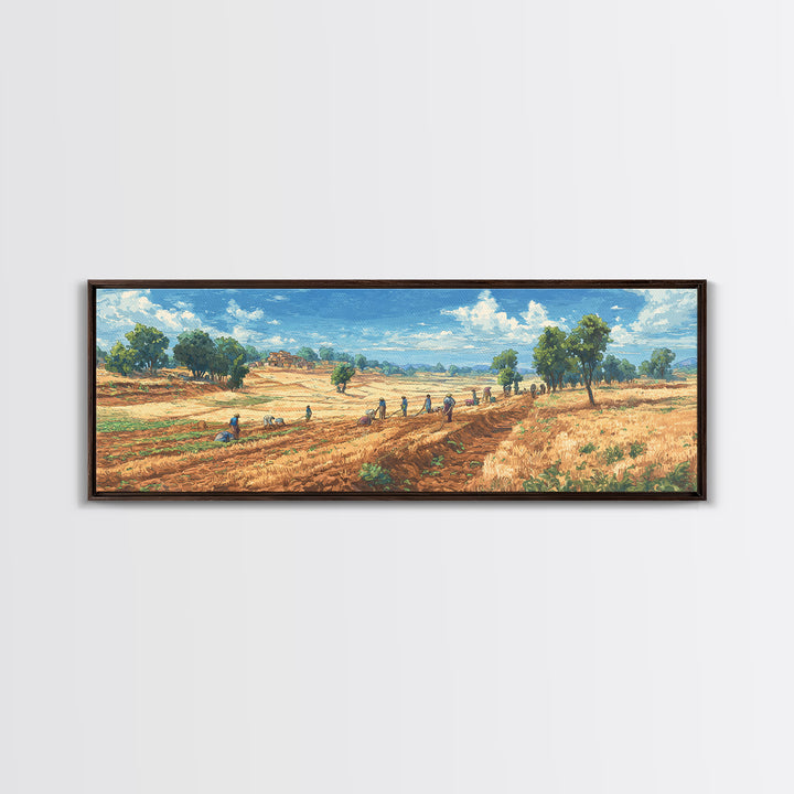 Rural African Farmers Working Golden Fields Wall Art, African Landscape Canvas Print, Safari Decor, Nature Painting Gift