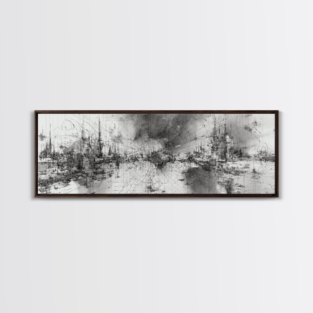 Black And White Abstract City Skyline Wall Art, Modern Canvas Print, Minimalist Office Decor, Urban Gallery Statement Gift