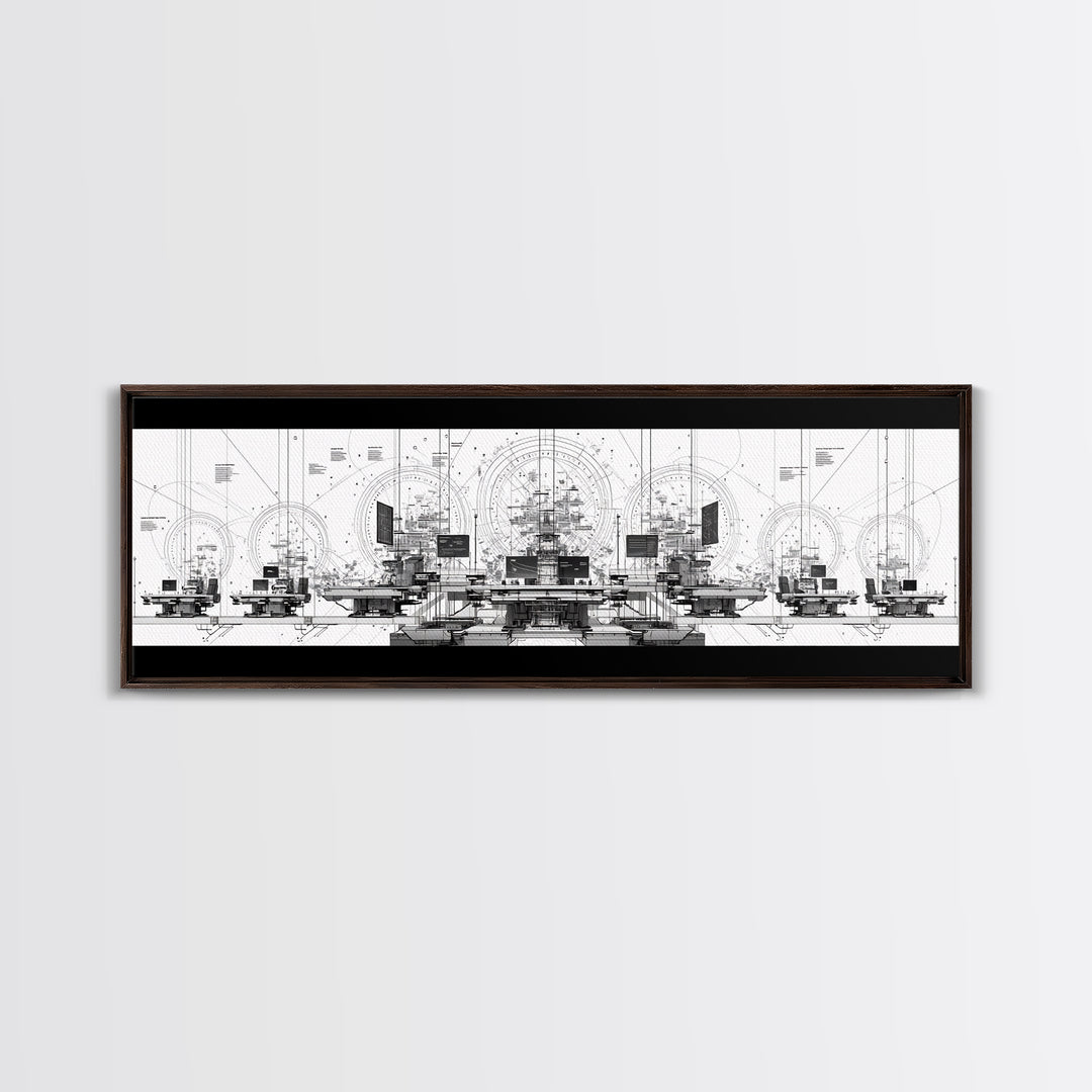 Black White Futuristic Control Room Framed Canvas Print, Modern Wall Art, Office Decor, Geometric Schematic Tech Art Gift