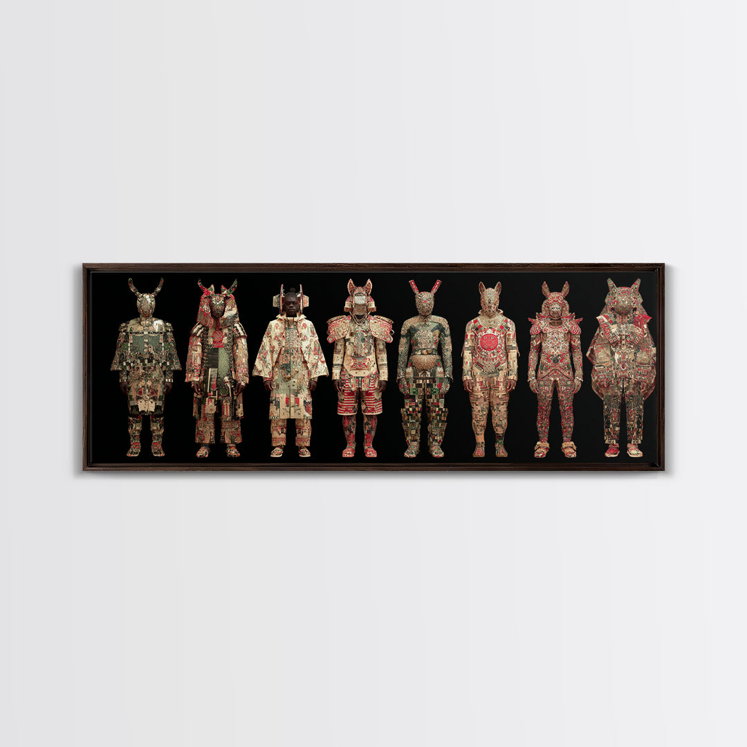 Ornate Masked African Warrior Lineup Canvas Print, African Tribal Art, African Mask Art, Bold Home Decor, Cultural Wall Art