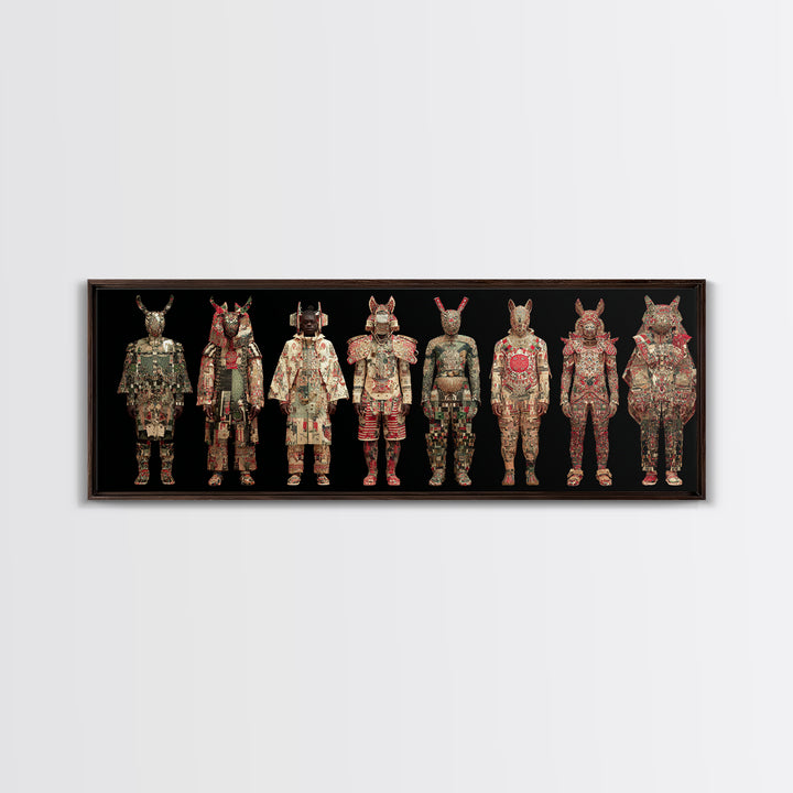 Ornate Masked African Warrior Lineup Canvas Print, African Tribal Art, African Mask Art, Bold Home Decor, Cultural Wall Art