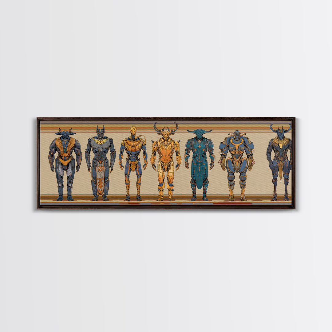 Horned Mythic Armored Warriors Framed Canvas Print, African Warrior Art, Tribal Art Decor, Modern African Art, Bold Wall Decor