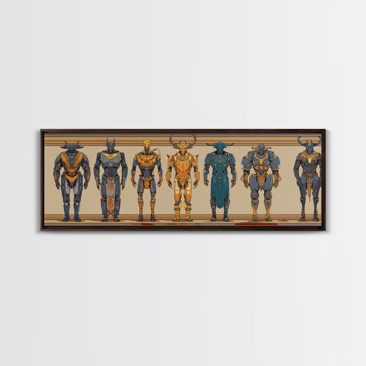 Horned Mythic Armored Warriors Framed Canvas Print, African Warrior Art, Tribal Art Decor, Modern African Art, Bold Wall Decor