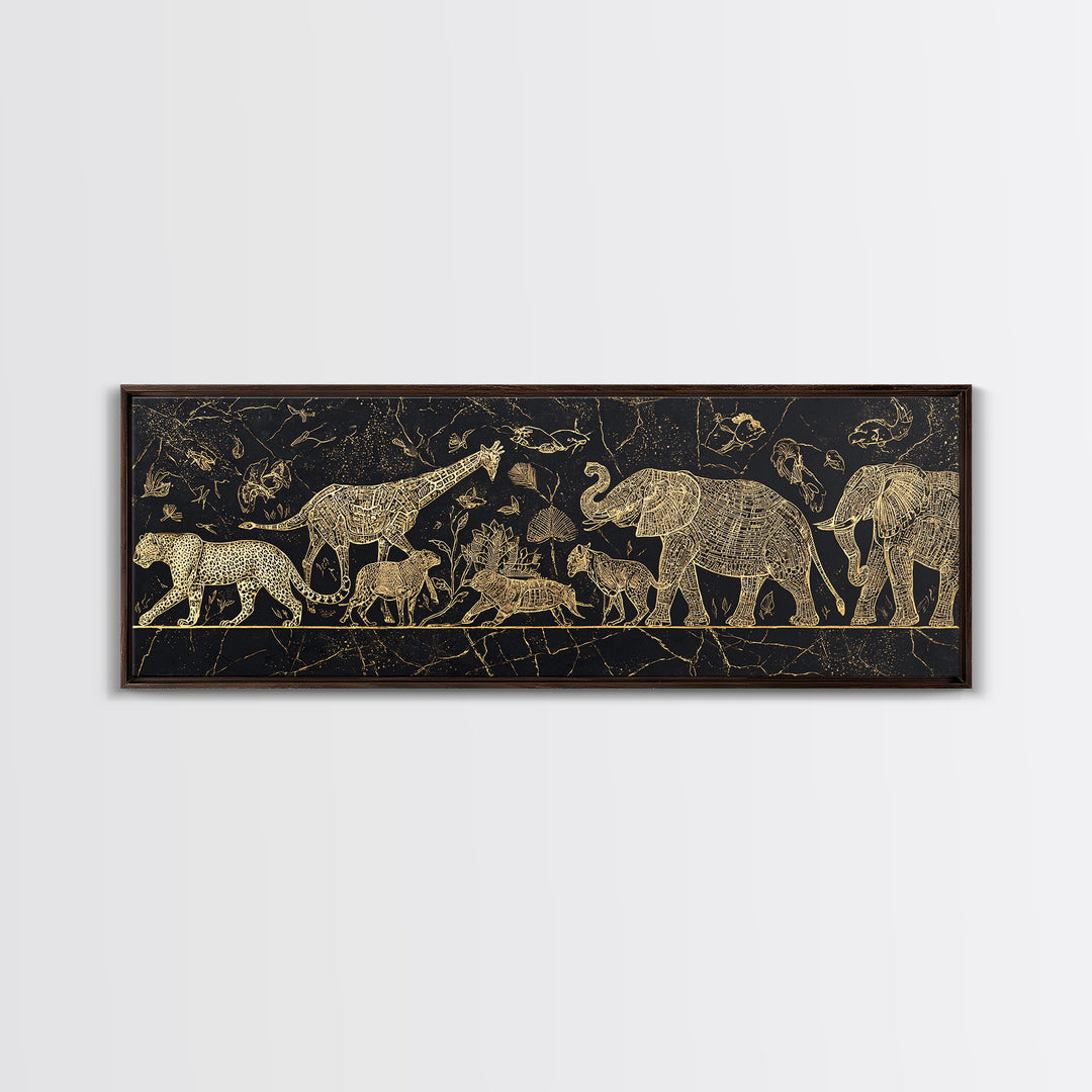 Gold Safari Animals On Black Wall Art, African Elephant, African Giraffes, Jungle African, Luxury Canvas Art, Safari Decor