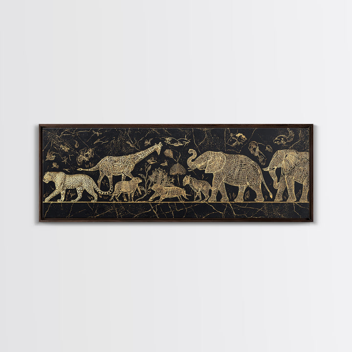 Gold Safari Animals On Black Wall Art, African Elephant, African Giraffes, Jungle African, Luxury Canvas Art, Safari Decor