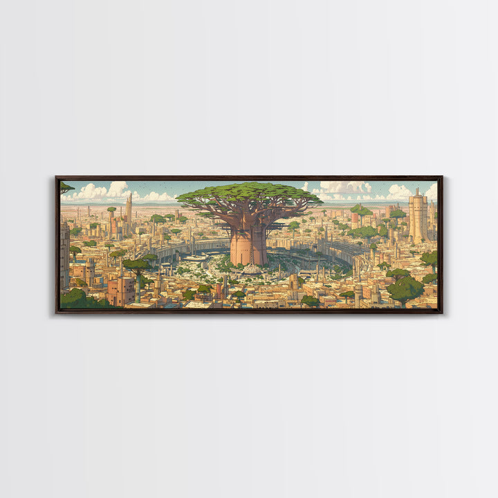 Giant Baobab Futuristic African City Wall Art, Panoramic Afrocentric Landscape Print, Modern Safari Decor Gift, Living Room Decor