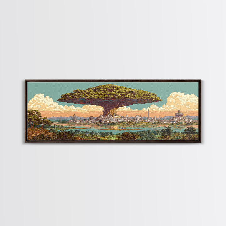 Floating Baobab Over African Lagoon Canvas Print, Fantasy Afrocentric Landscape, Serengeti Wall Decor, Nature Gift, Housewarming Gift