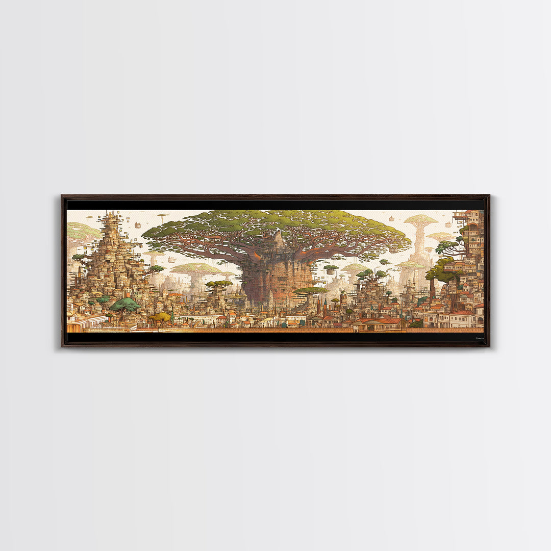 Ancient Baobab Rising Through African City Wall Art, Sepia Fantasy Landscape, Cultural Home Decor, Panoramic Print, Gallery Wall Decor