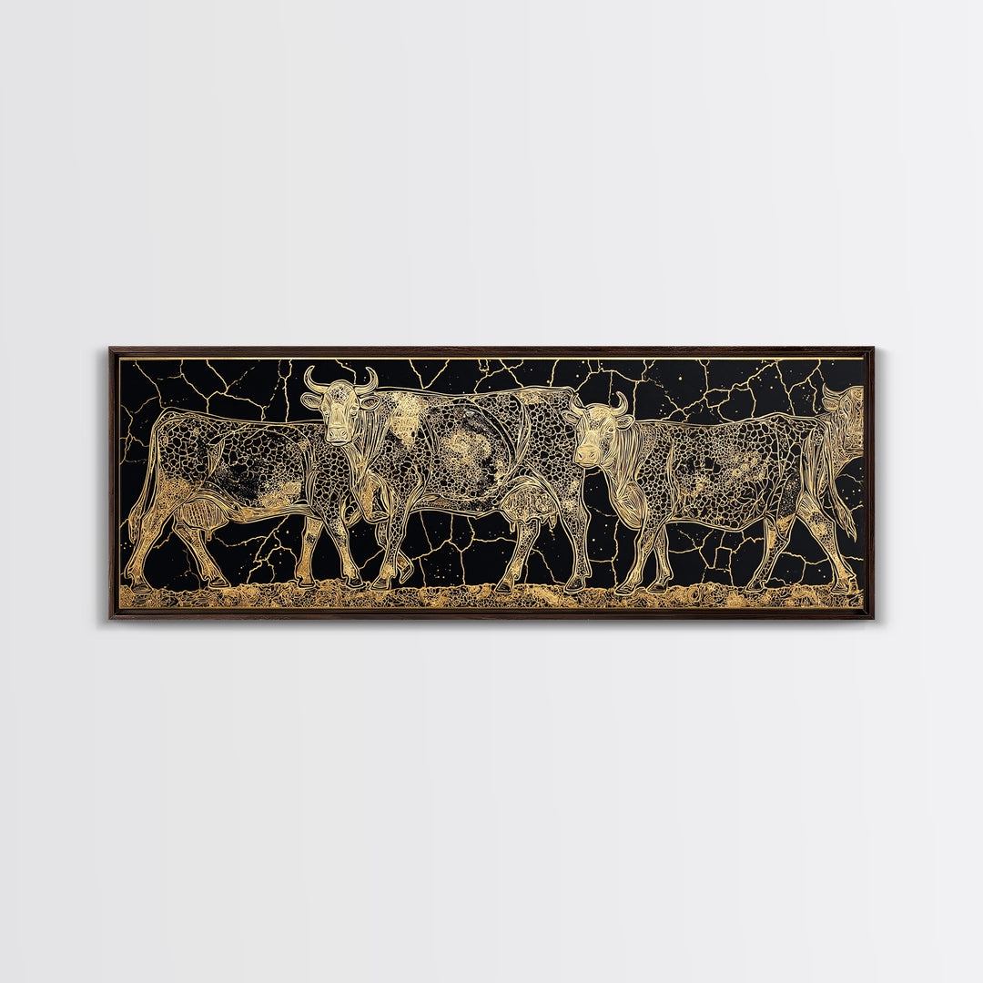 Gold Engraved African Cattle Herd Canvas Print, Black And Gold Safari Animal Art, Rustic Farmhouse Wall Decor Gift For Him