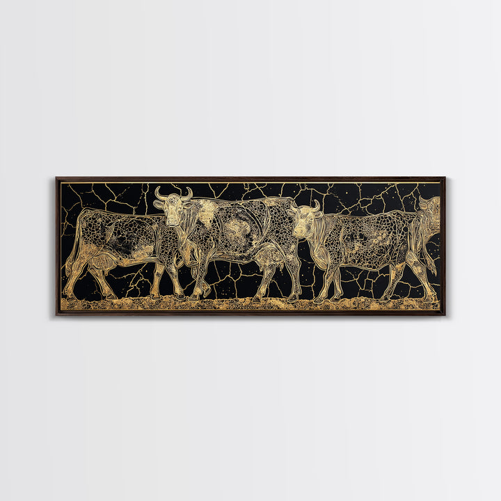 Gold Engraved African Cattle Herd Canvas Print, Black And Gold Safari Animal Art, Rustic Farmhouse Wall Decor Gift For Him