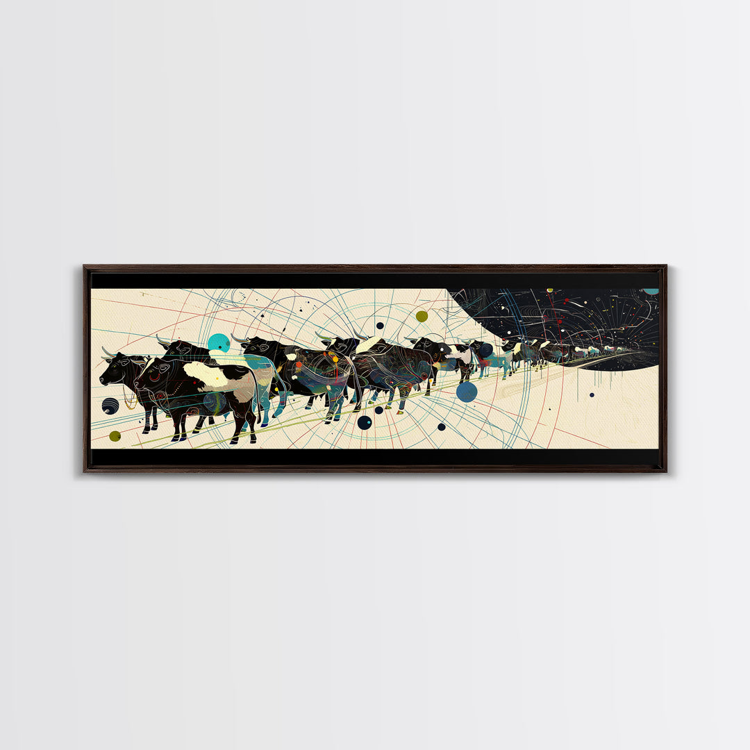 Abstract African Cattle Herd With Geometric Map Lines Framed Canvas Print, Modern Black Wall Art, Contemporary Office Decor