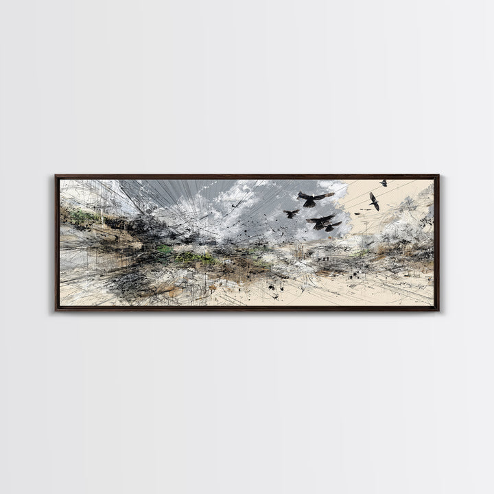 Stormy Abstract Birds Over Desert Horizon Wall Art, Modern African Inspired Landscape, Neutral Boho Large Canvas Decor Print