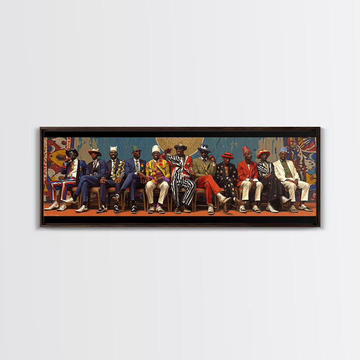 Seated African Dandy Chiefs In Colorful Suits Framed Canvas Print, Afrocentric Wall Decor, Black Culture Statement Art Gift