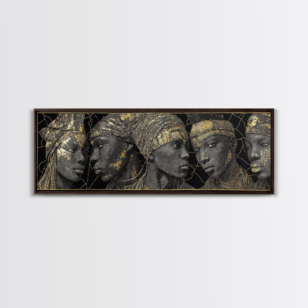 Gold Etched African Elder Profiles On Black Canvas Print, Elegant Tribal Portrait Wall Art, Luxury Afrocentric Home Decor