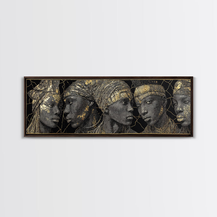 Gold Etched African Elder Profiles On Black Canvas Print, Elegant Tribal Portrait Wall Art, Luxury Afrocentric Home Decor