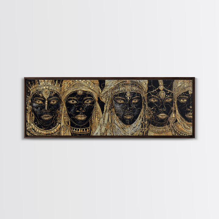 Regal Black And Gold African Queen Faces Framed Canvas Print, Goddess Portrait Wall Art, Luxury Afrocentric Home Decor Gift