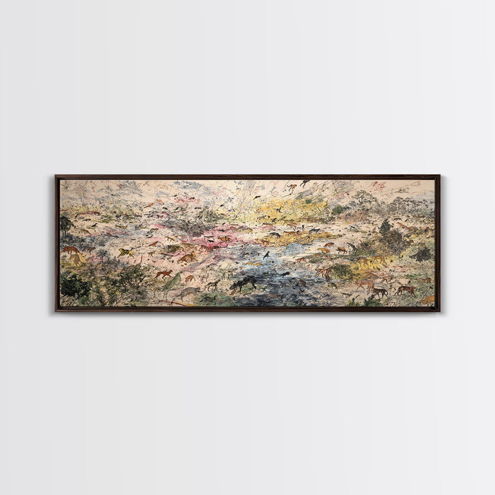 Abstract African Safari Landscape Canvas Print, Earth Tone Wildlife Migration Scene, Modern Home Decor For Living Room Wall