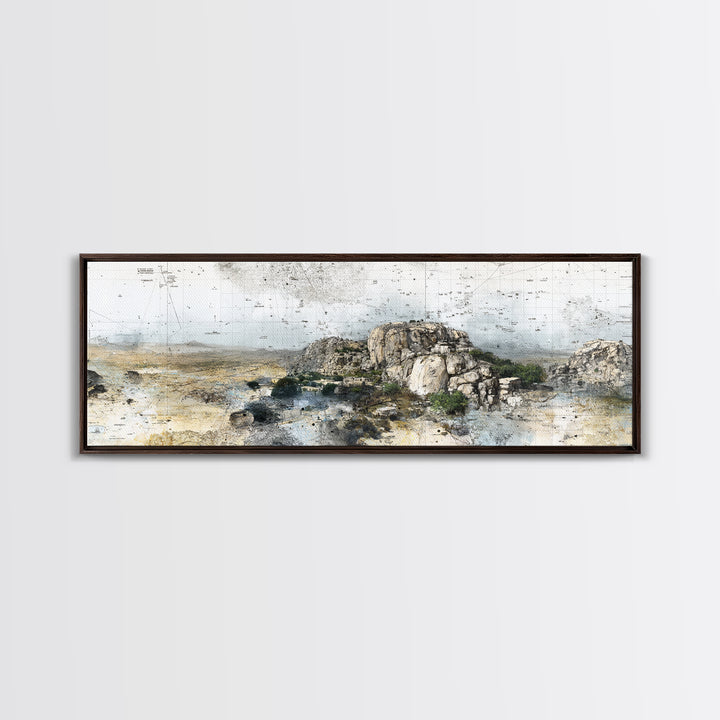 Rocky African Desert Landscape Wall Art, Vintage Map Texture, Neutral Safari Nature Scene, Modern Canvas Print For Office