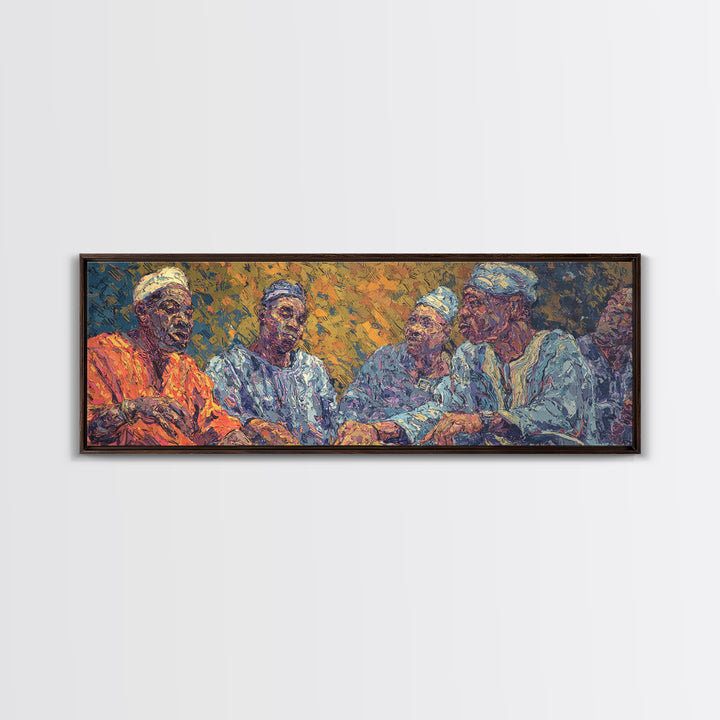 Elder African Men In Blue Robes Framed Canvas Print, Expressive Portrait Wall Decor, Cultural Painting, Afrocentric Art Gift