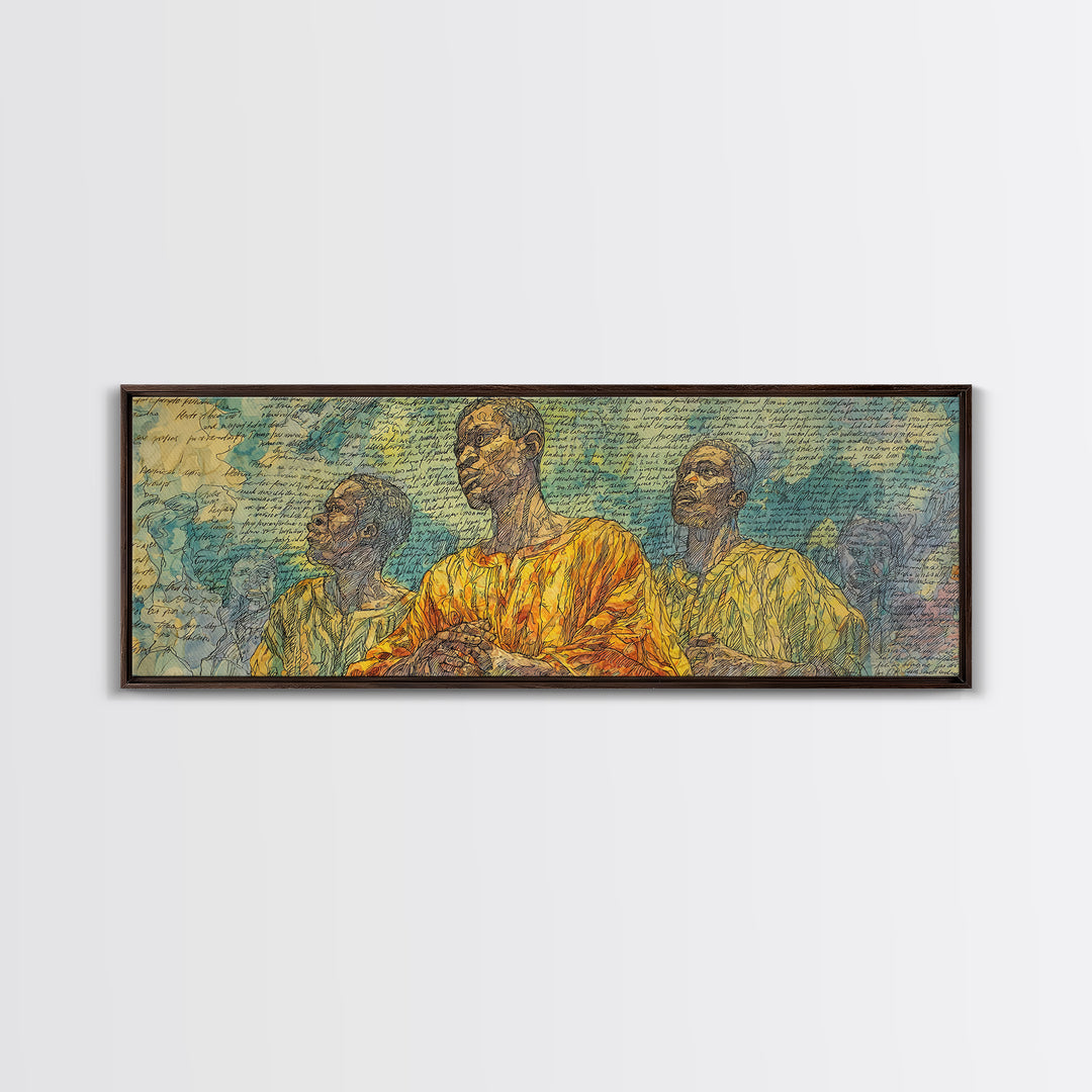 Three African Men Portrait Wall Art, Handwritten Script Texture, Yellow Blue Cultural Decor, Modern Afrocentric Canvas Print