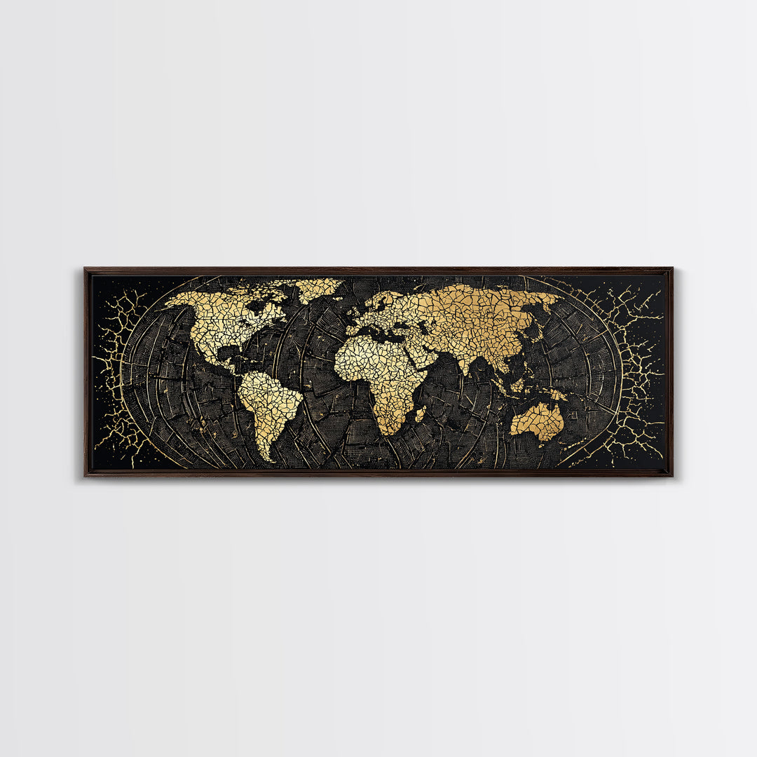 Gold Cracked World Map On Black Canvas Print, African Travel Wall Art, Luxury Home Decor, Modern Office Decor, Gift For Him