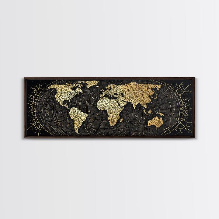 Gold Cracked World Map On Black Canvas Print, African Travel Wall Art, Luxury Home Decor, Modern Office Decor, Gift For Him