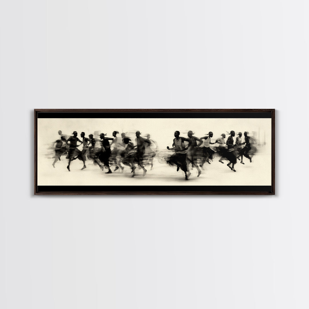 Panoramic Black Runners In Motion Wall Art, African Dance Art Print, Minimalist Charcoal Canvas Print, Modern Home Decor