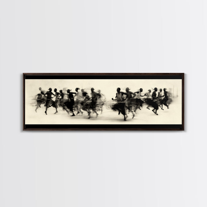 Panoramic Black Runners In Motion Wall Art, African Dance Art Print, Minimalist Charcoal Canvas Print, Modern Home Decor