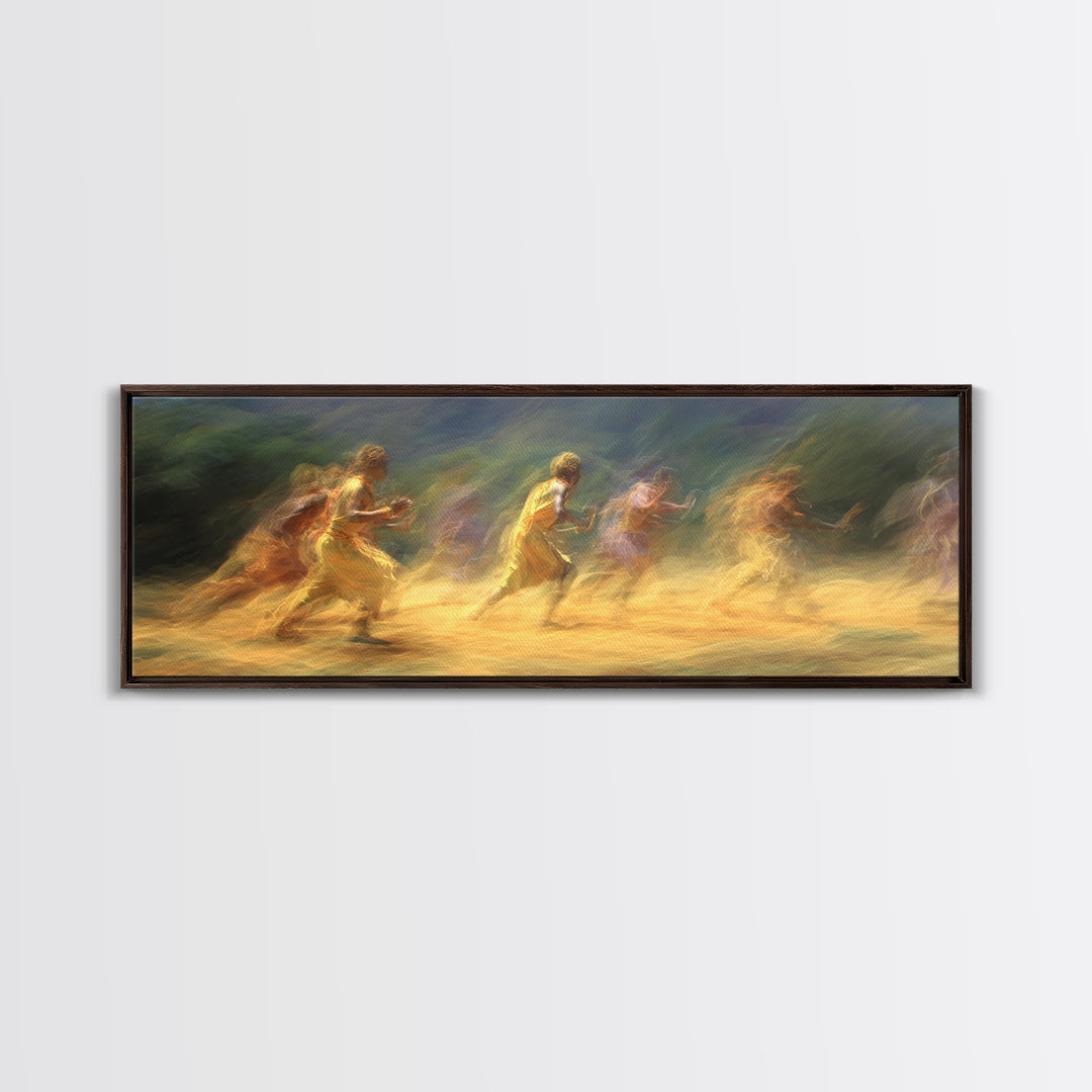 Sunlit Impressionist Runners Across Landscape Wall Art, African Inspired Canvas Print, Dreamy Nature Scene Art, Large Decor Art